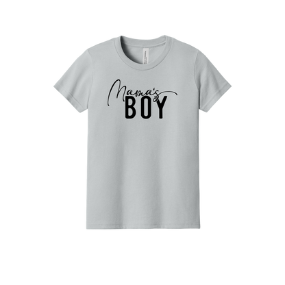 Mama's Boy Apparel design on youth tee in gray, front view.