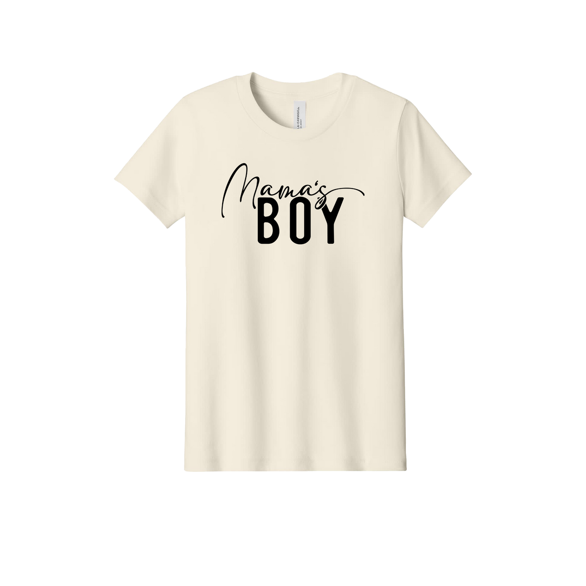 Mama Boy Apparel design on official Youth Bella+Canvas T-shirt in Natural, front view.
