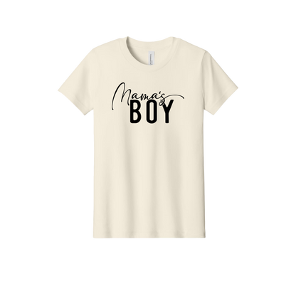 Mama Boy Apparel design on official Youth Bella+Canvas T-shirt in Natural, front view.