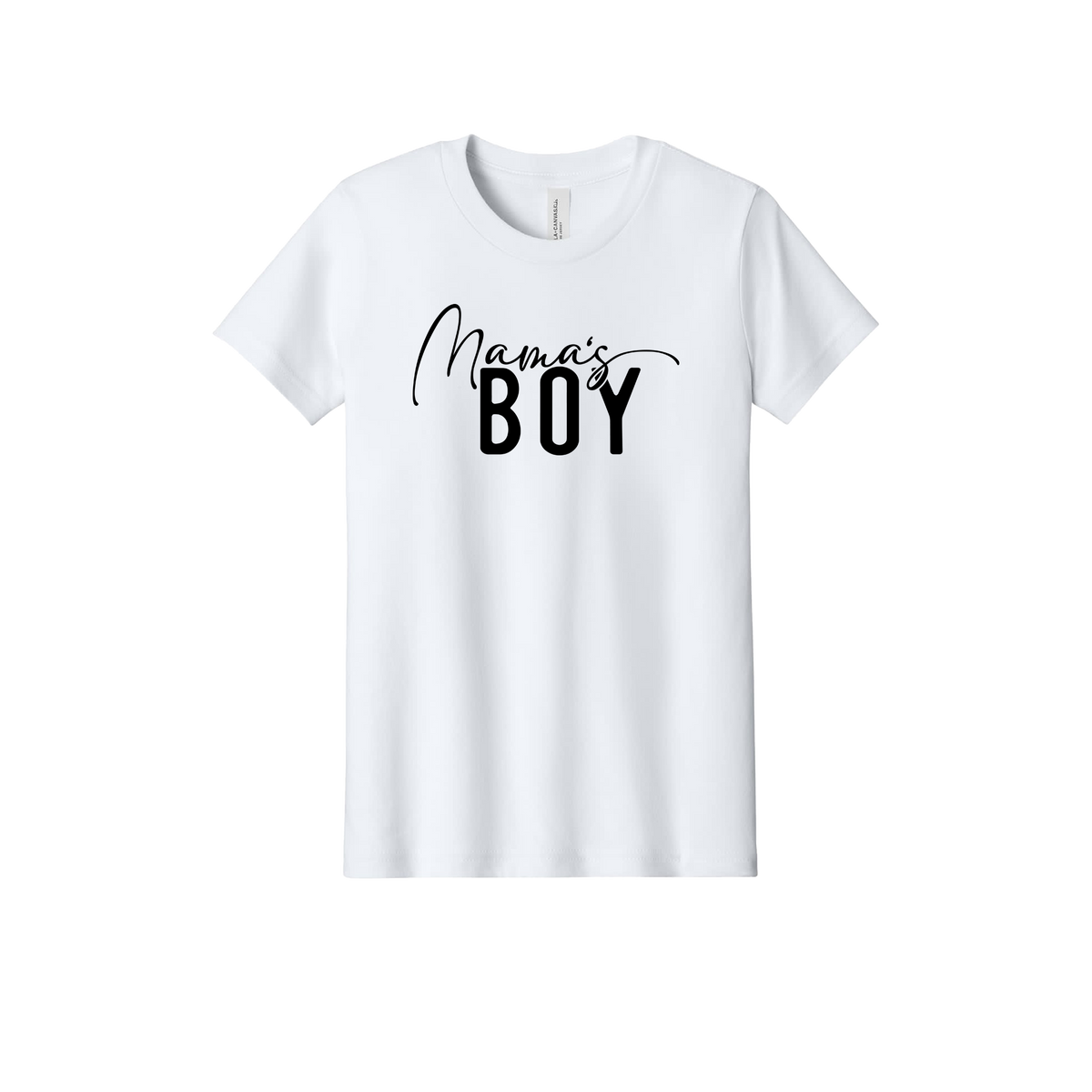 Mama Boy Apparel design on official Youth Bella+Canvas T-shirt in White, front view.