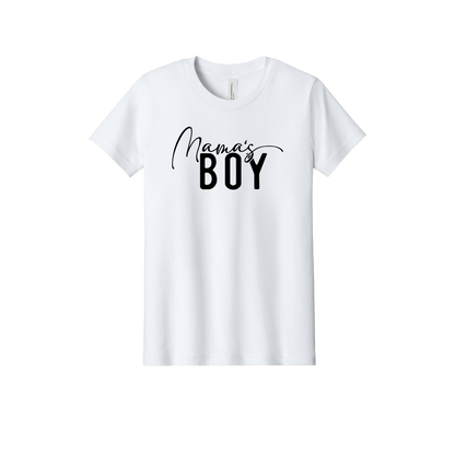 Mama Boy Apparel design on official Youth Bella+Canvas T-shirt in White, front view.