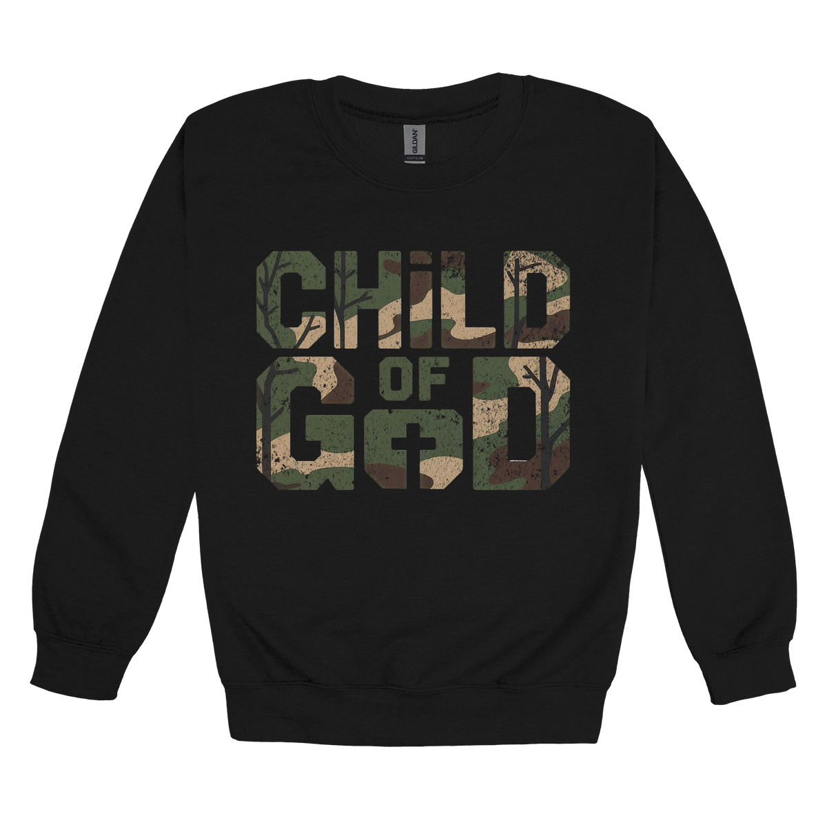 Child of God Apparel design on adult crewneck in black, front view.