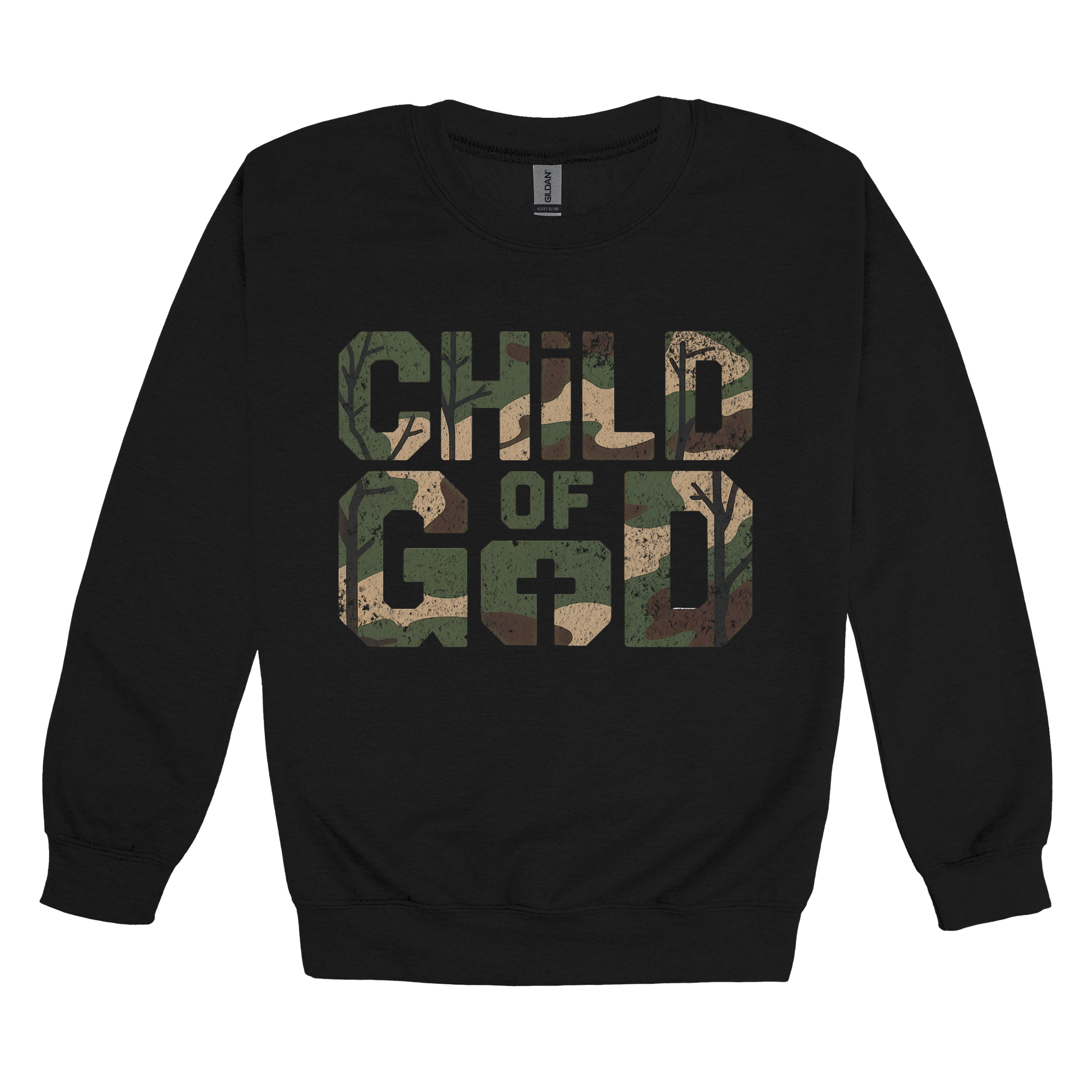 Child of God Apparel design on adult crewneck in black, front view.