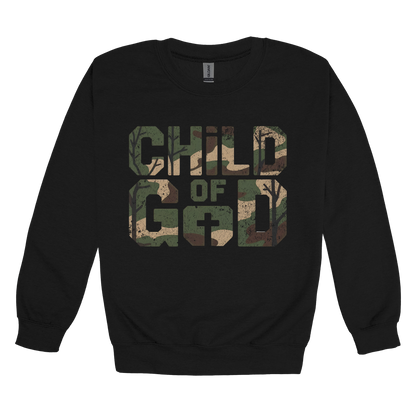 Child of God Apparel design on adult crewneck in black, front view.