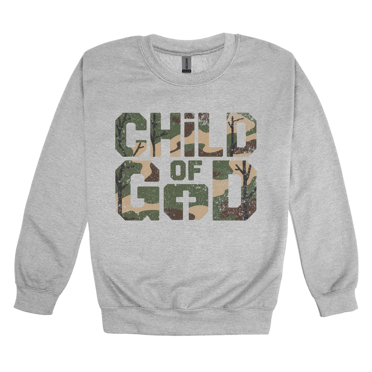 Child of God Apparel design on adult crewneck in gray, front view.