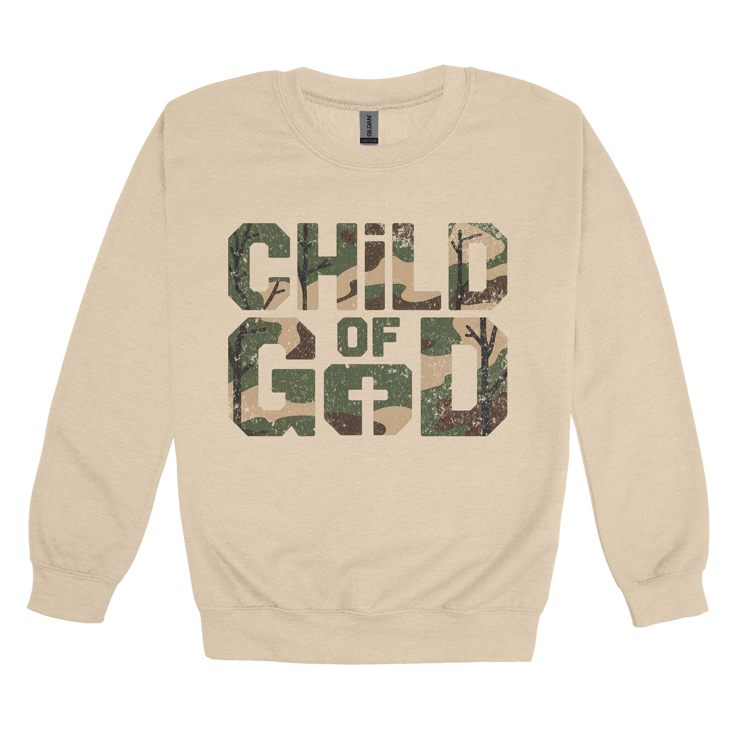 Child of God Apparel design on adult crewneck in tan, front view.