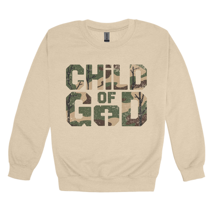 Child of God Apparel design on adult crewneck in tan, front view.