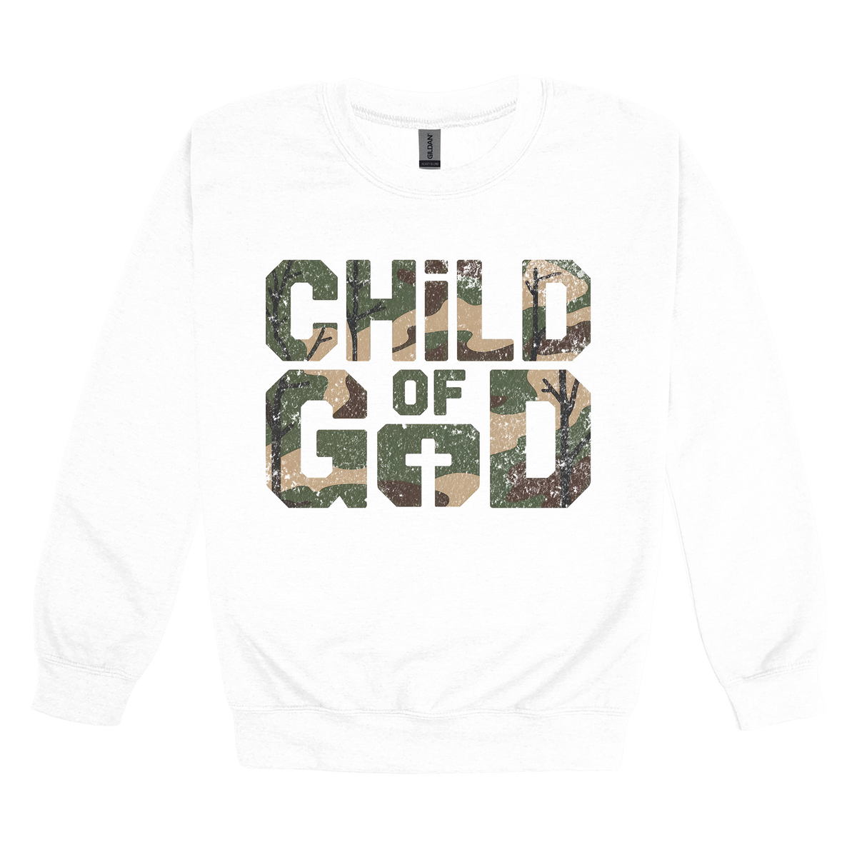 Child of God Apparel design on adult crewneck in white, front view.