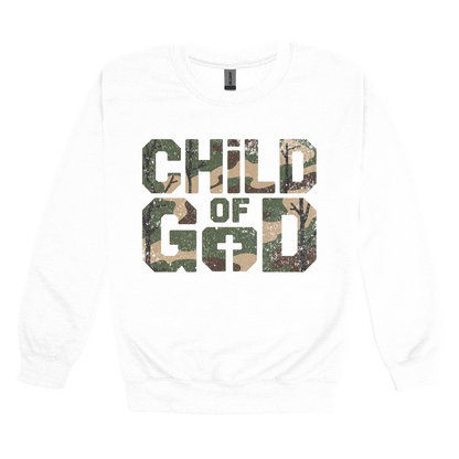 Child of God Apparel design on adult crewneck in white, front view.