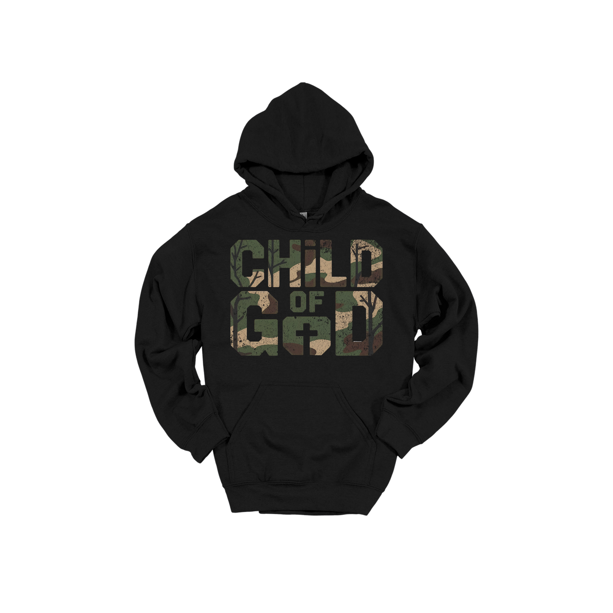 Child of God Apparel design on adult hoodie in black, front view.