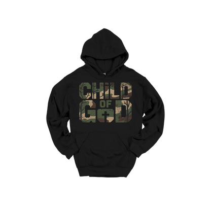 Child of God Apparel design on adult hoodie in black, front view.