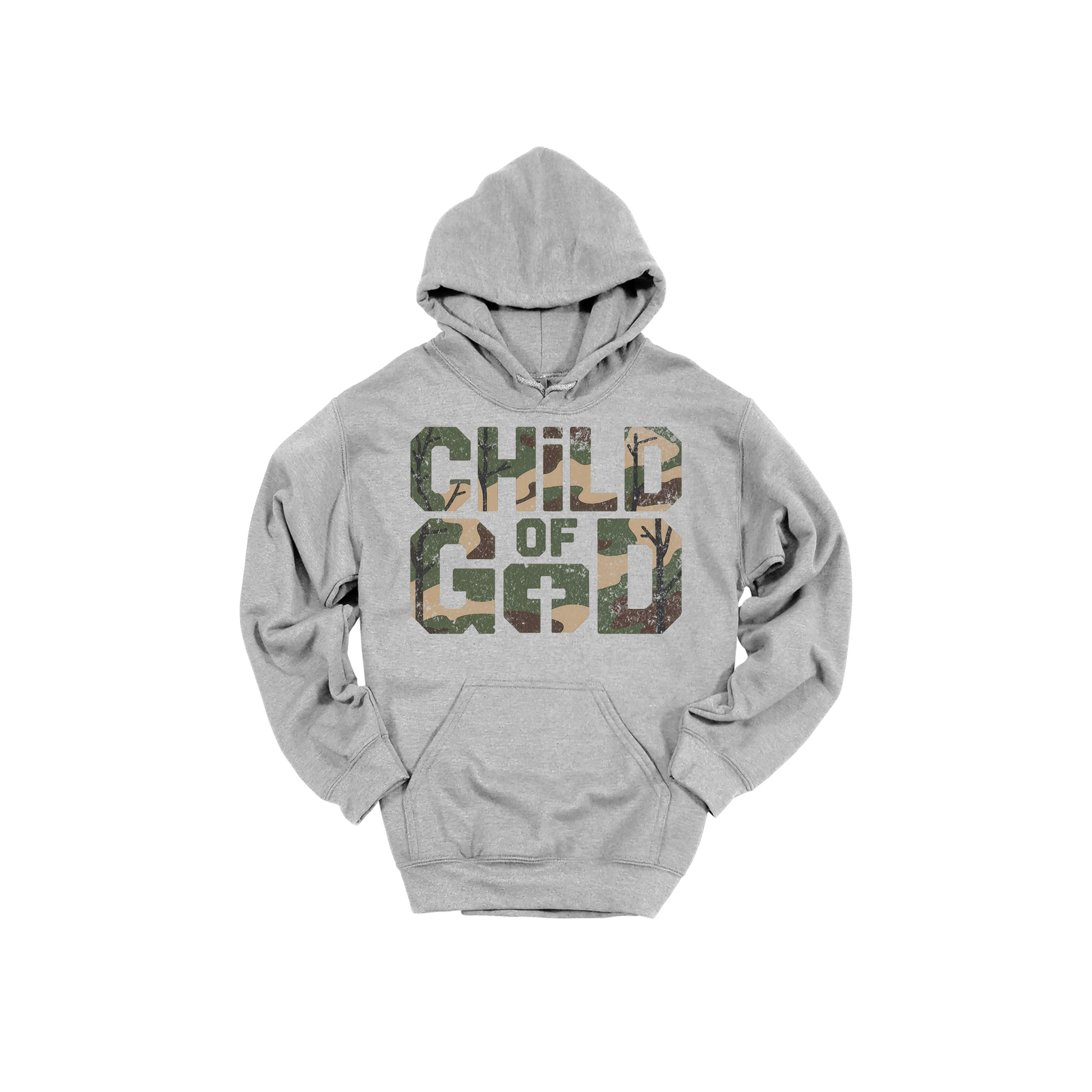 Child of God Apparel design on adult hoodie in gray, front view.