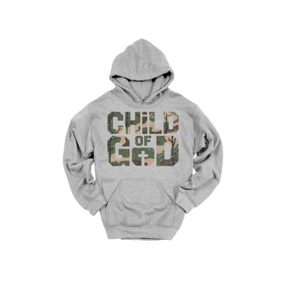Child of God Apparel design on adult hoodie in gray, front view.