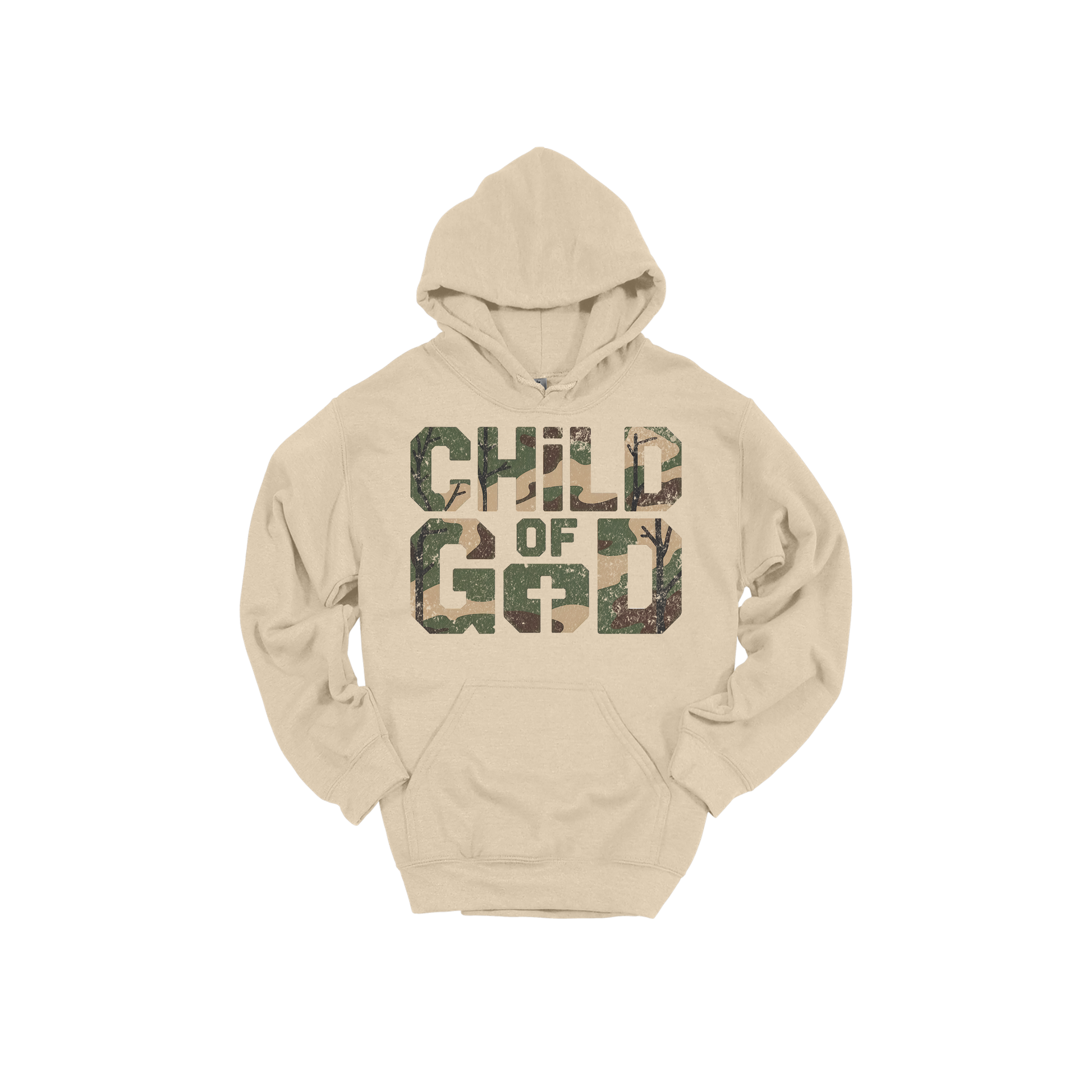 Child of God Apparel design on adult hoodie in tan, front view.