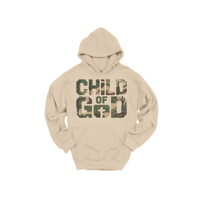 Child of God Apparel design on adult hoodie in tan, front view.