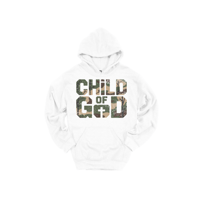 Child of God Apparel design on adult hoodie in white, front view.