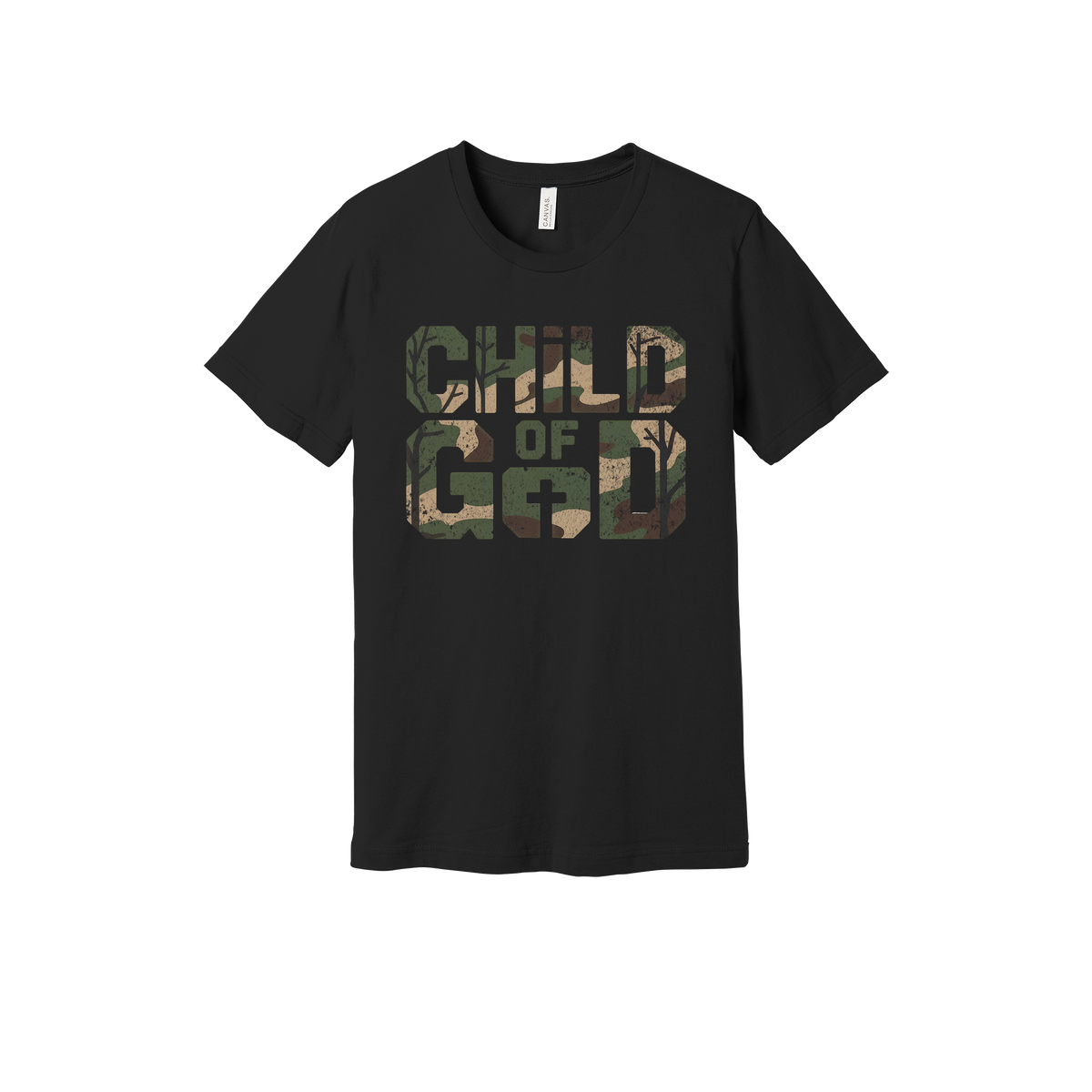 Child of God Apparel design on adult tee in black, front view.