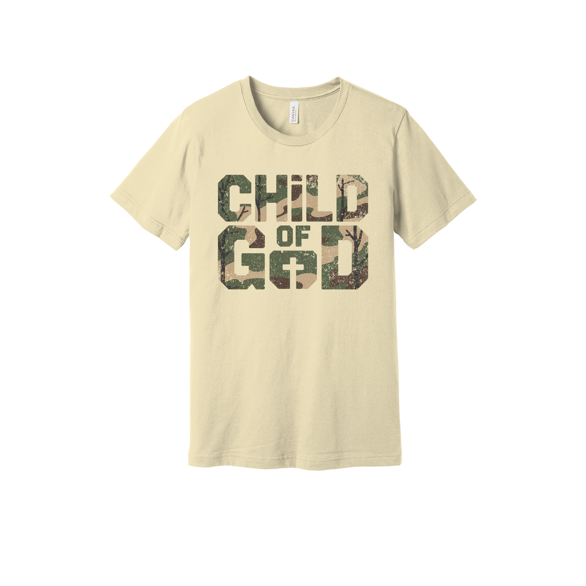 Child of God Apparel design on adult tee in tan, front view.