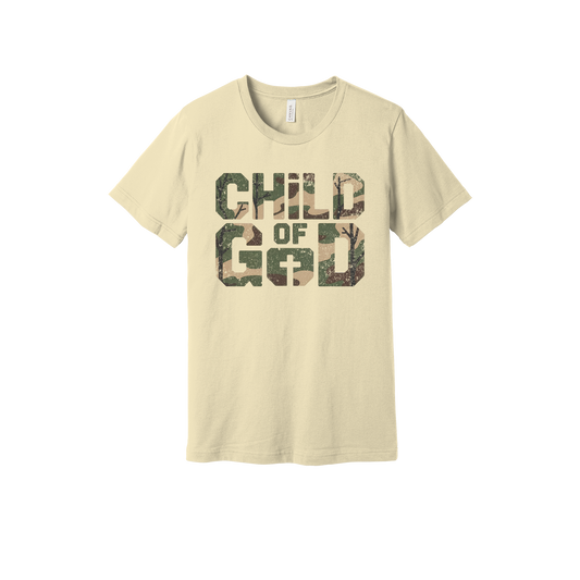 Child of God Apparel design on adult tee in tan, front view.
