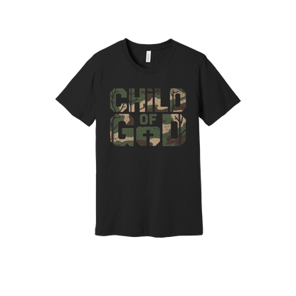 Child of God Apparel design on generic tee presentation in black, front view.