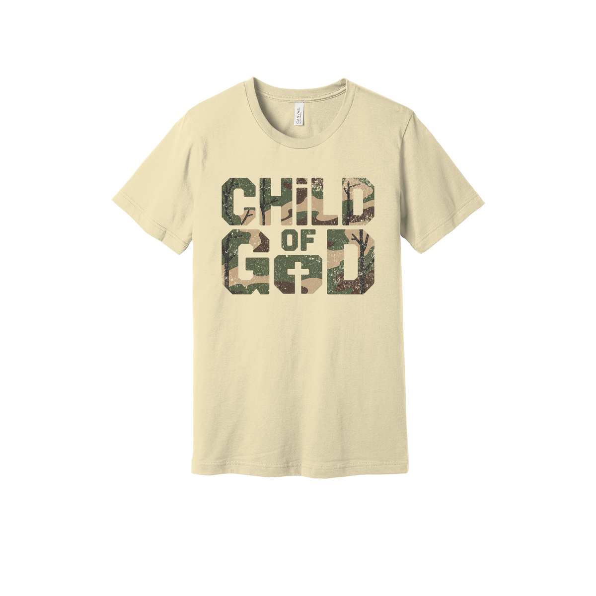 Child of God Apparel design on generic tee presentation in tan, front view.
