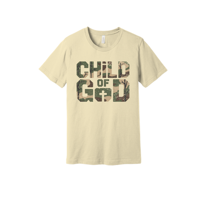 Child of God Apparel design on generic tee presentation in tan, front view.