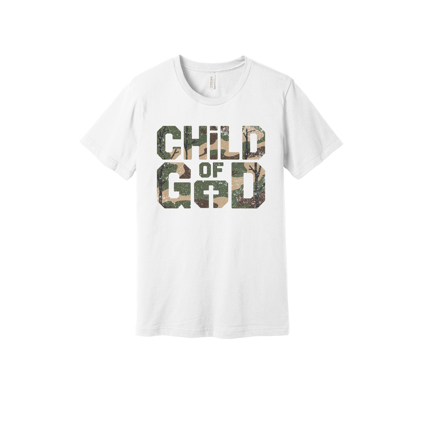 Child of God Apparel design on generic tee presentation in white, front view.