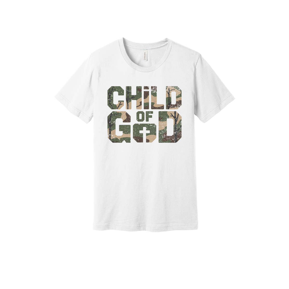 Child of God Apparel design on generic tee presentation in white, front view.