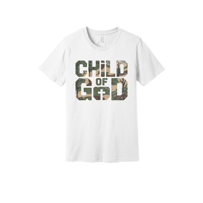 Child of God Apparel design on generic tee presentation in white, front view.