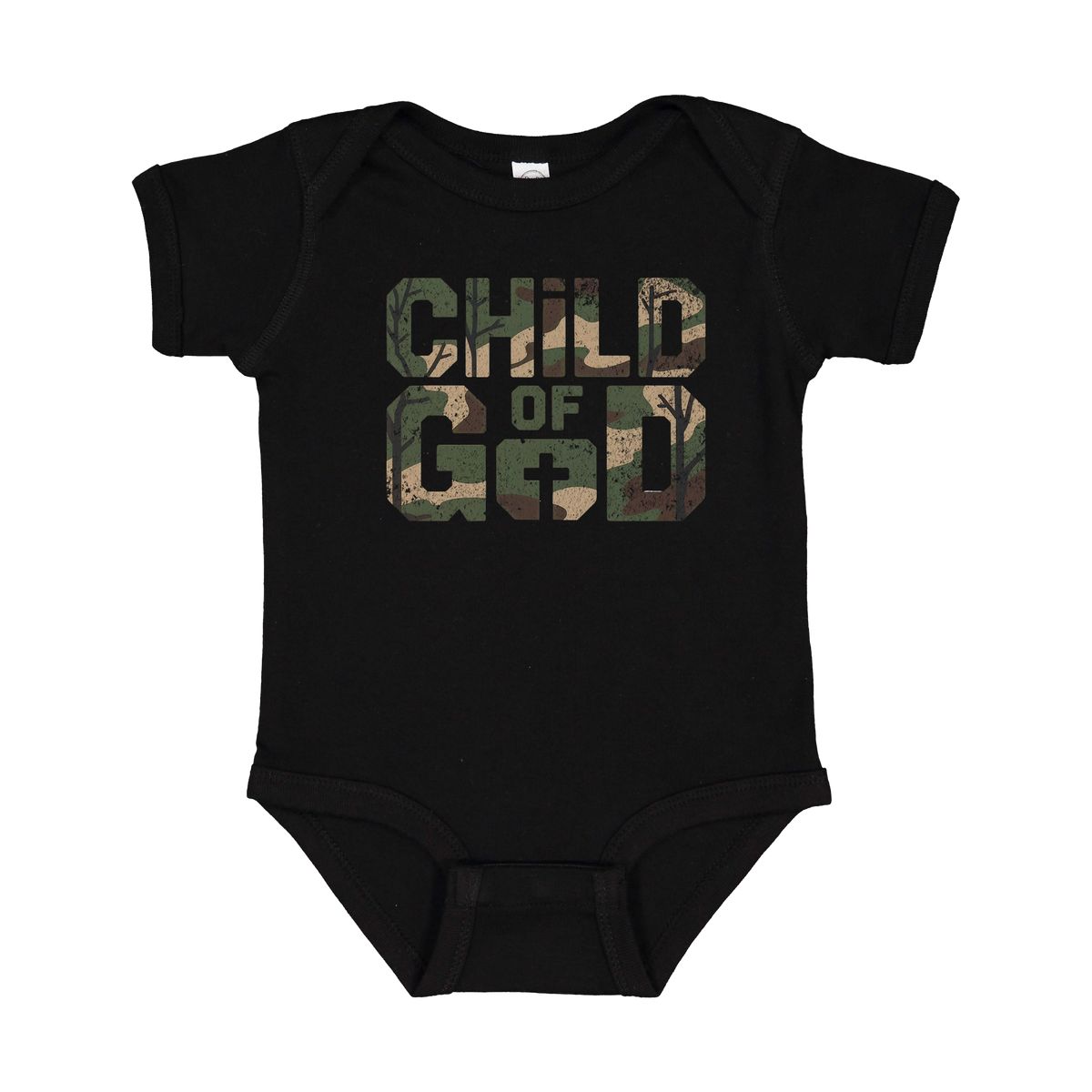 Child of God Apparel design on infant onesie in black, front view.