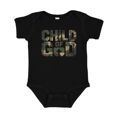 Child of God Apparel design on infant onesie in black, front view.