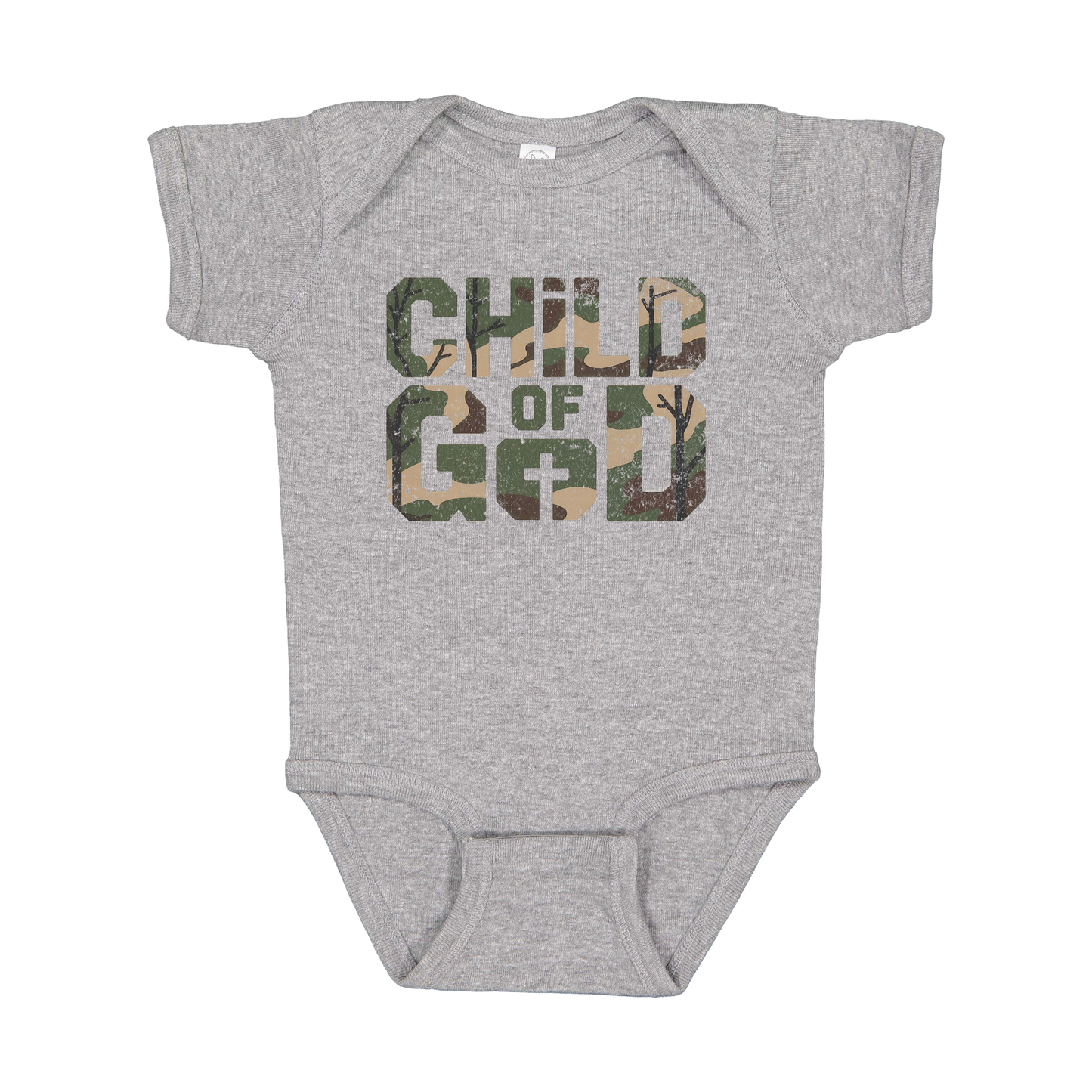 Child of God Apparel design on infant onesie in gray, front view.