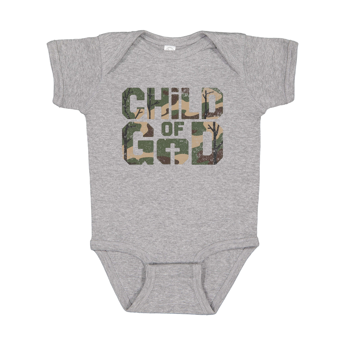 Child of God Apparel design on infant onesie in gray, front view.
