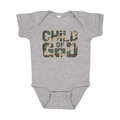 Child of God Apparel design on infant onesie in gray, front view.