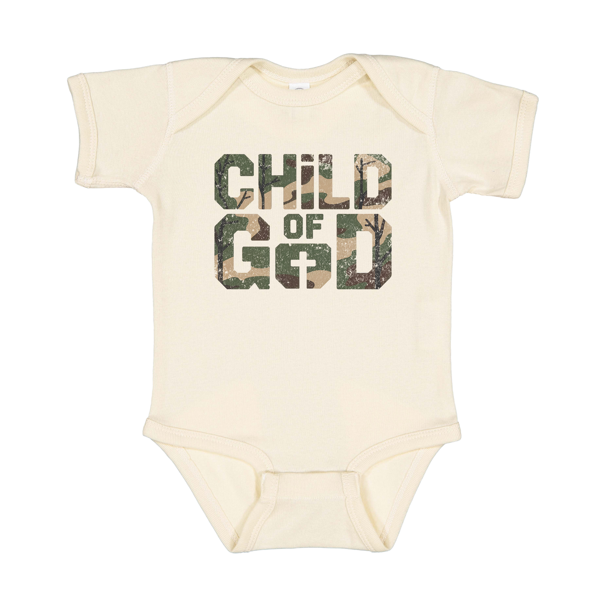 Child of God Apparel design on infant onesie in tan, front view.