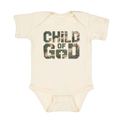 Child of God Apparel design on infant onesie in tan, front view.