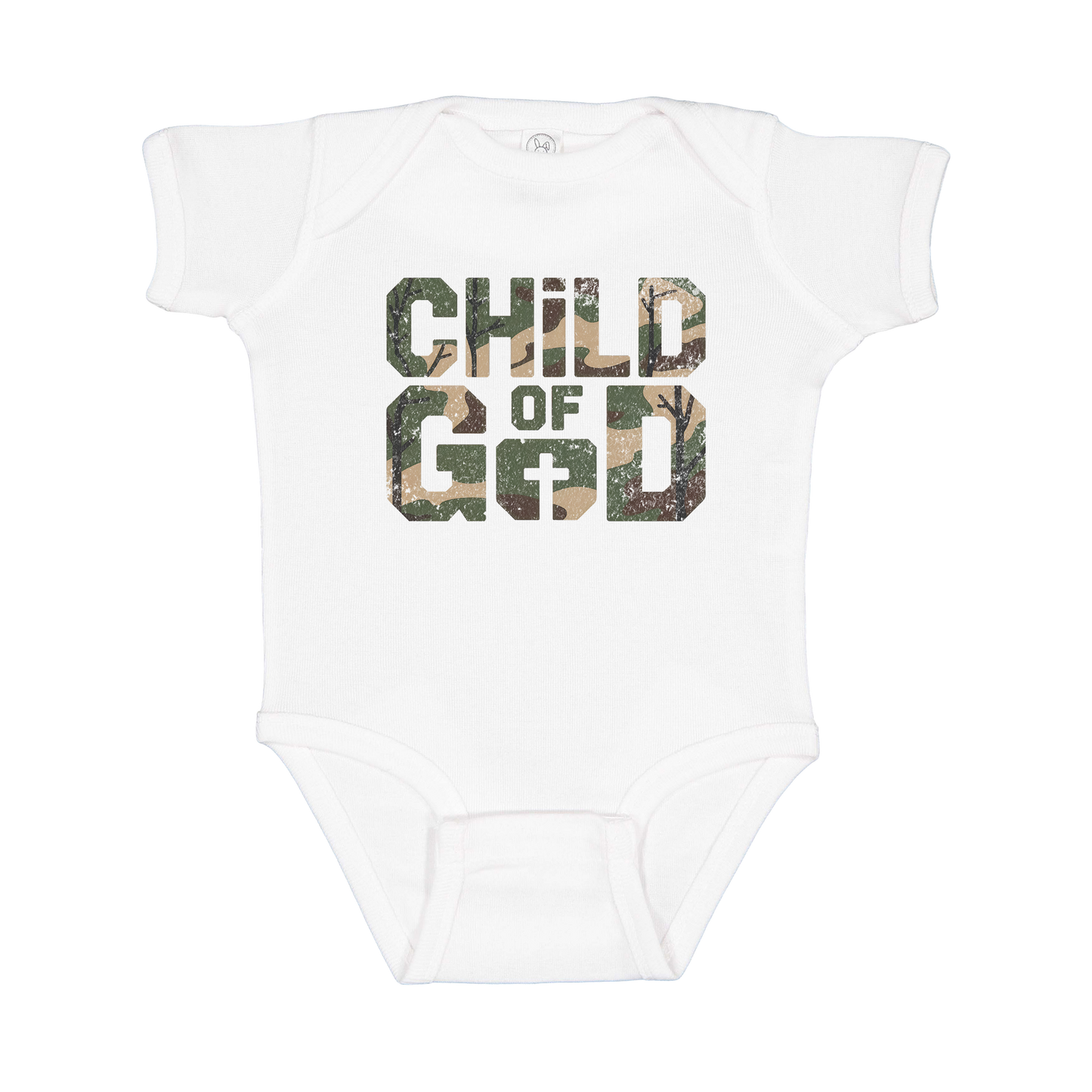 Child of God Apparel design on infant onesie in white, front view.