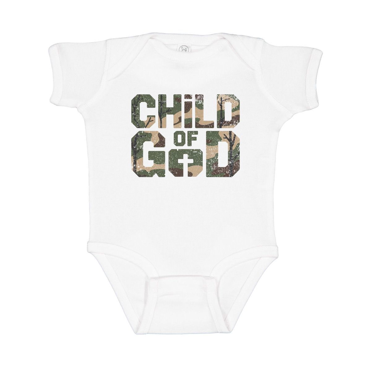Child of God Apparel design on infant onesie in white, front view.