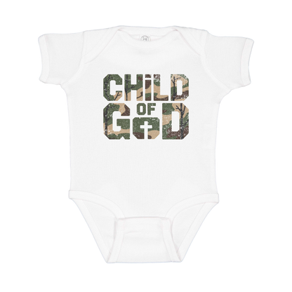 Child of God Apparel design on infant onesie in white, front view.