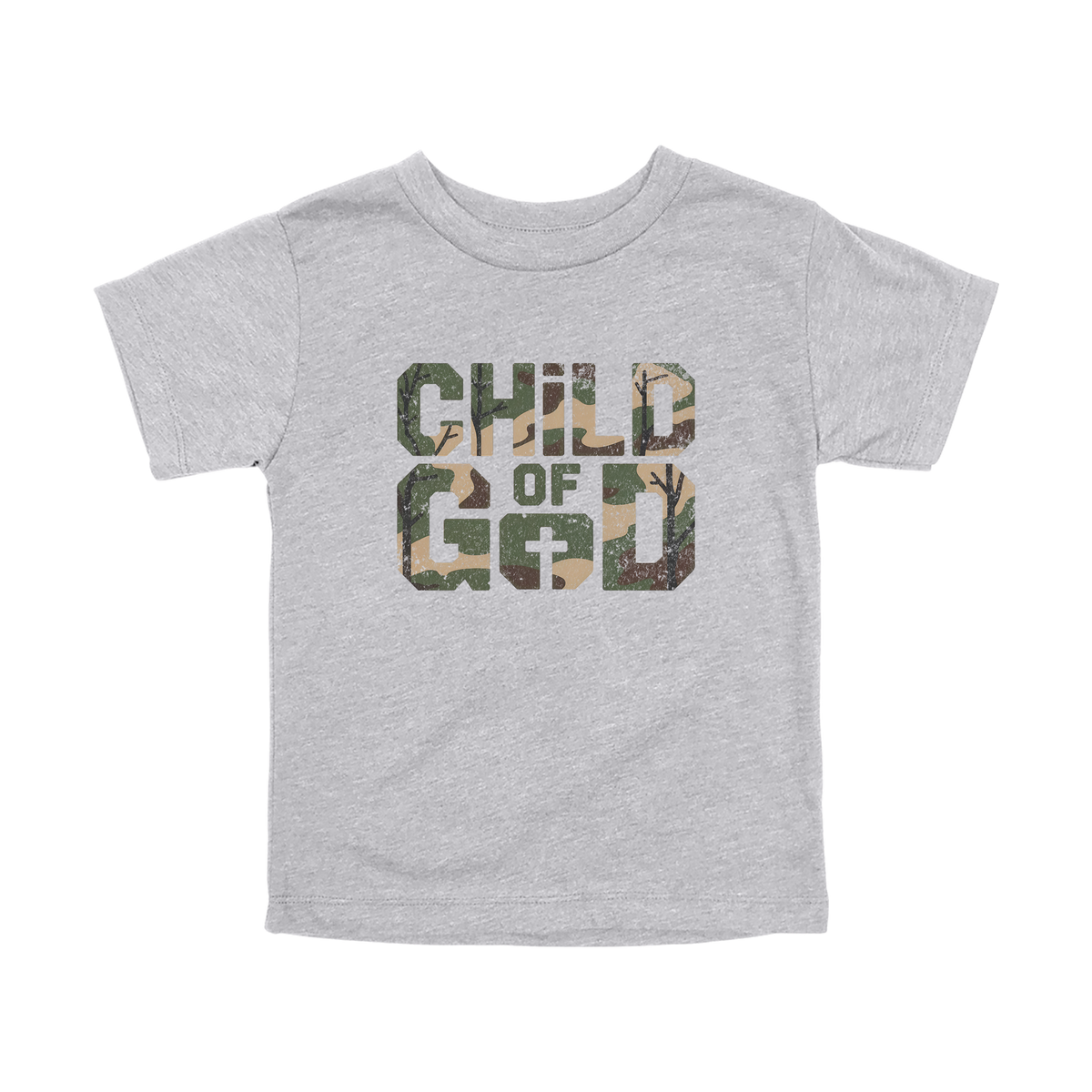 Child of God Apparel design on toddler tee in gray, front view.