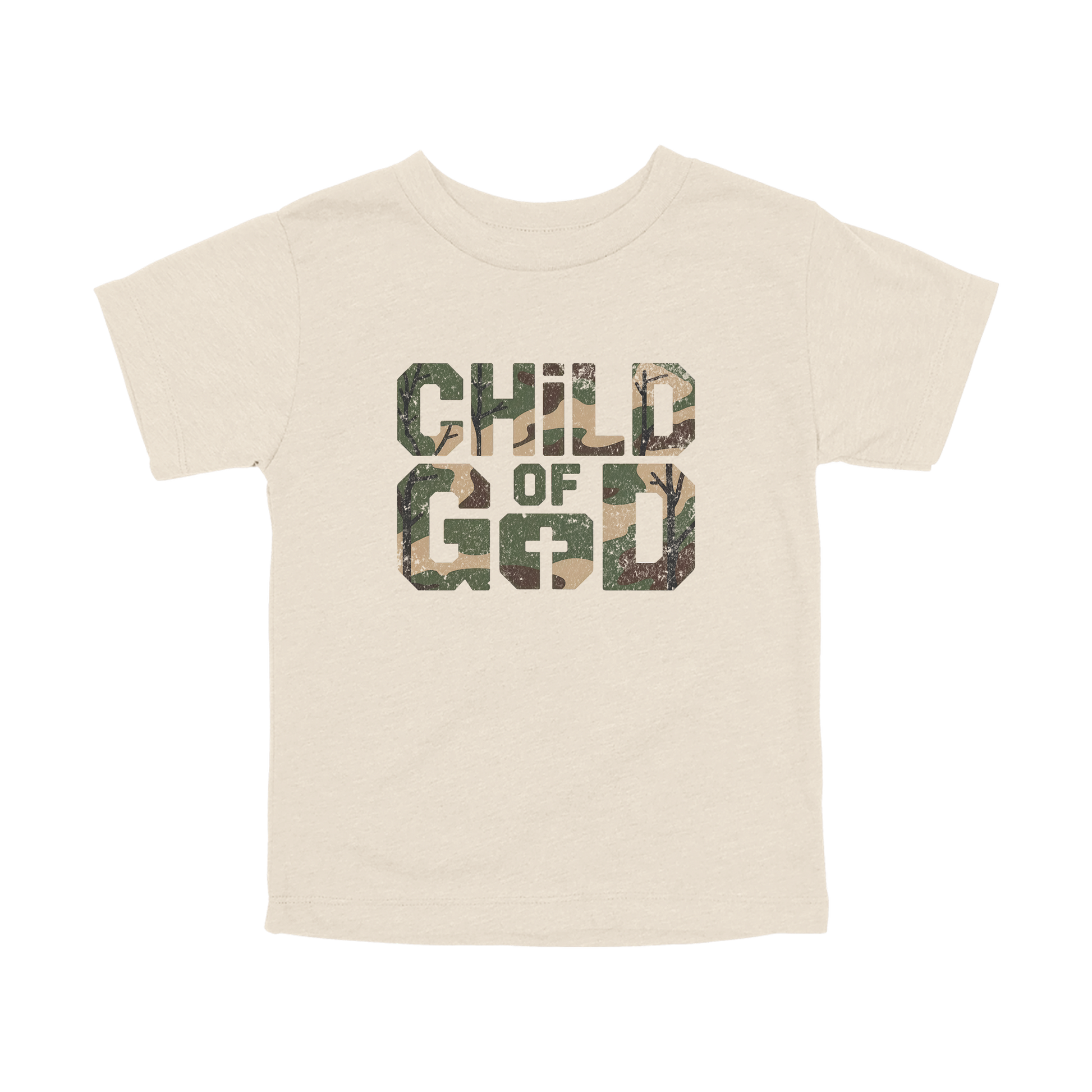 Child of God Apparel design on toddler tee in tan, front view.