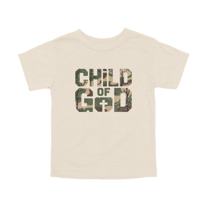 Child of God Apparel design on toddler tee in tan, front view.