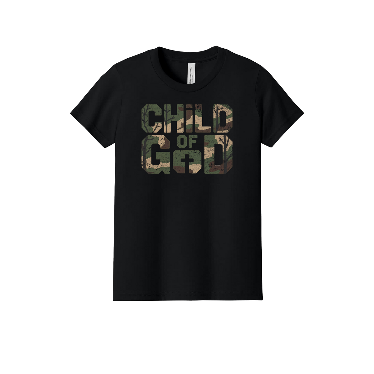 Child of God Apparel design on official Youth Bella+Canvas T-shirt in Black, front view.