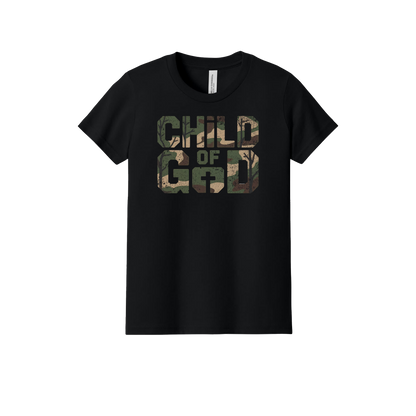 Child of God Apparel design on official Youth Bella+Canvas T-shirt in Black, front view.