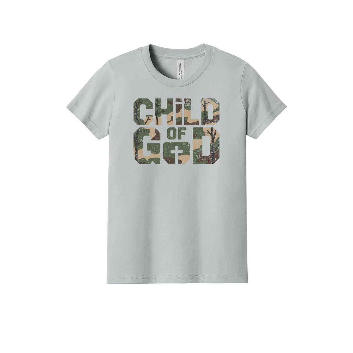 Child of God Apparel design on youth tee in gray, front view.