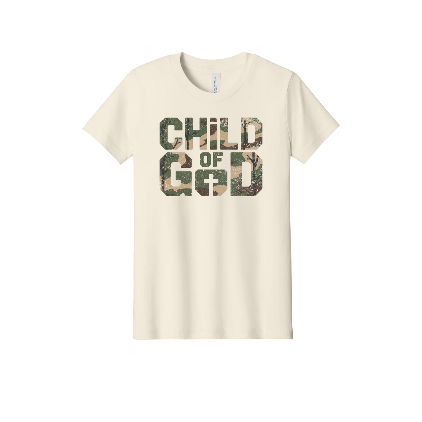 Child of God Apparel design on official Youth Bella+Canvas T-shirt in Natural, front view.