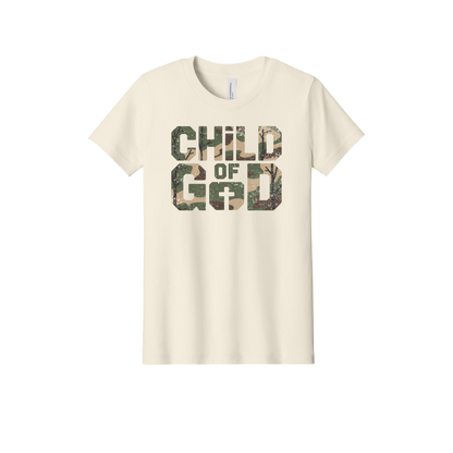 Child of God Apparel design on official Youth Bella+Canvas T-shirt in Natural, front view.