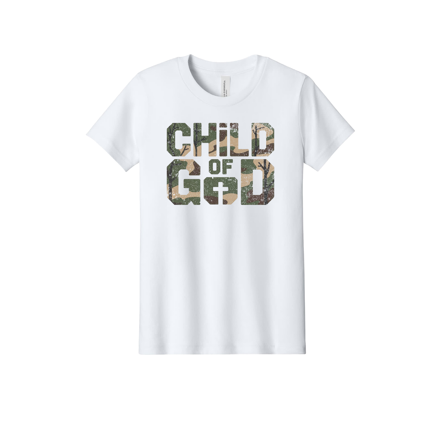 Child of God Apparel design on official Youth Bella+Canvas T-shirt in White, front view.