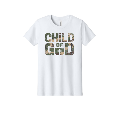 Child of God Apparel design on official Youth Bella+Canvas T-shirt in White, front view.