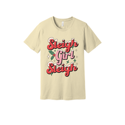 Sleigh Girl Sleigh Apparel design on generic tee presentation in tan, front view.